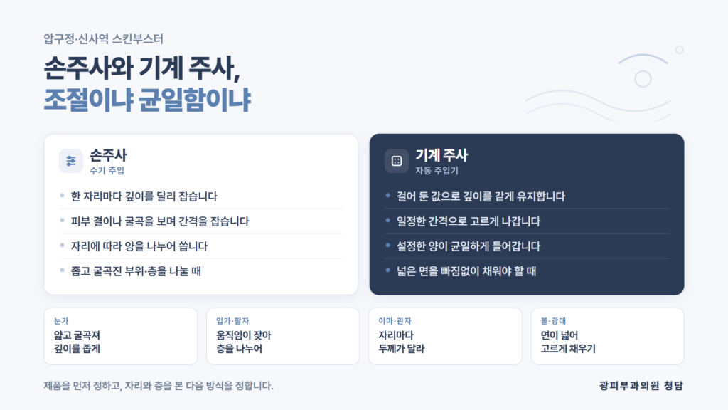 스킨부스터를 놓을 때 손으로 하는 주입과 자동 주입기의 조절 방식 차이, 부위별로 함께 보는 항목을 정리한 광피부과의원 청담 자료 이미지