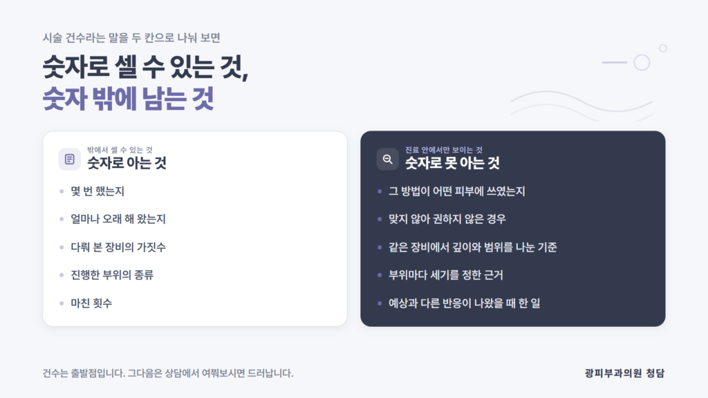 건수라는 숫자로 알 수 있는 것과 숫자에 담기지 않는 것을 두 칸으로 나누어 정리한 광피부과의원 청담 자료 이미지